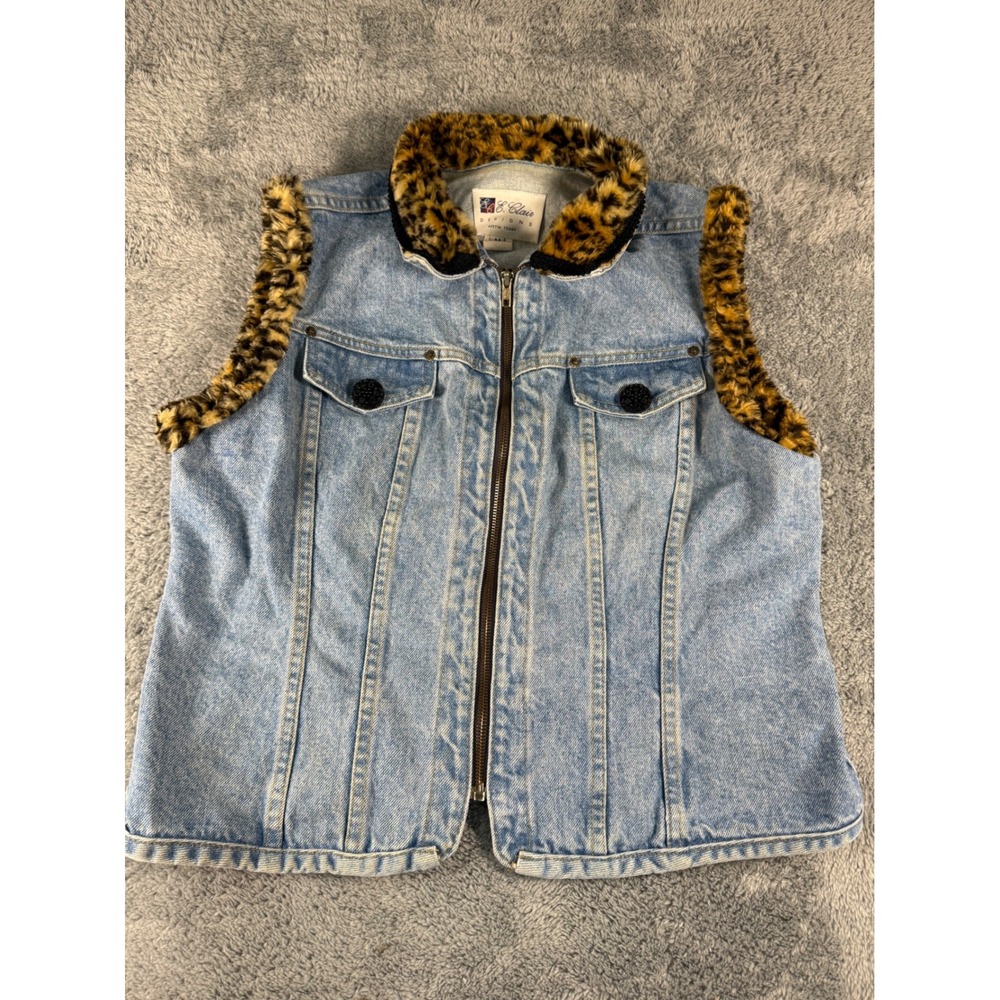 E. Clair Designs Denim Vest Leopard Faux Fur Trim Light Wash Austin Texas M